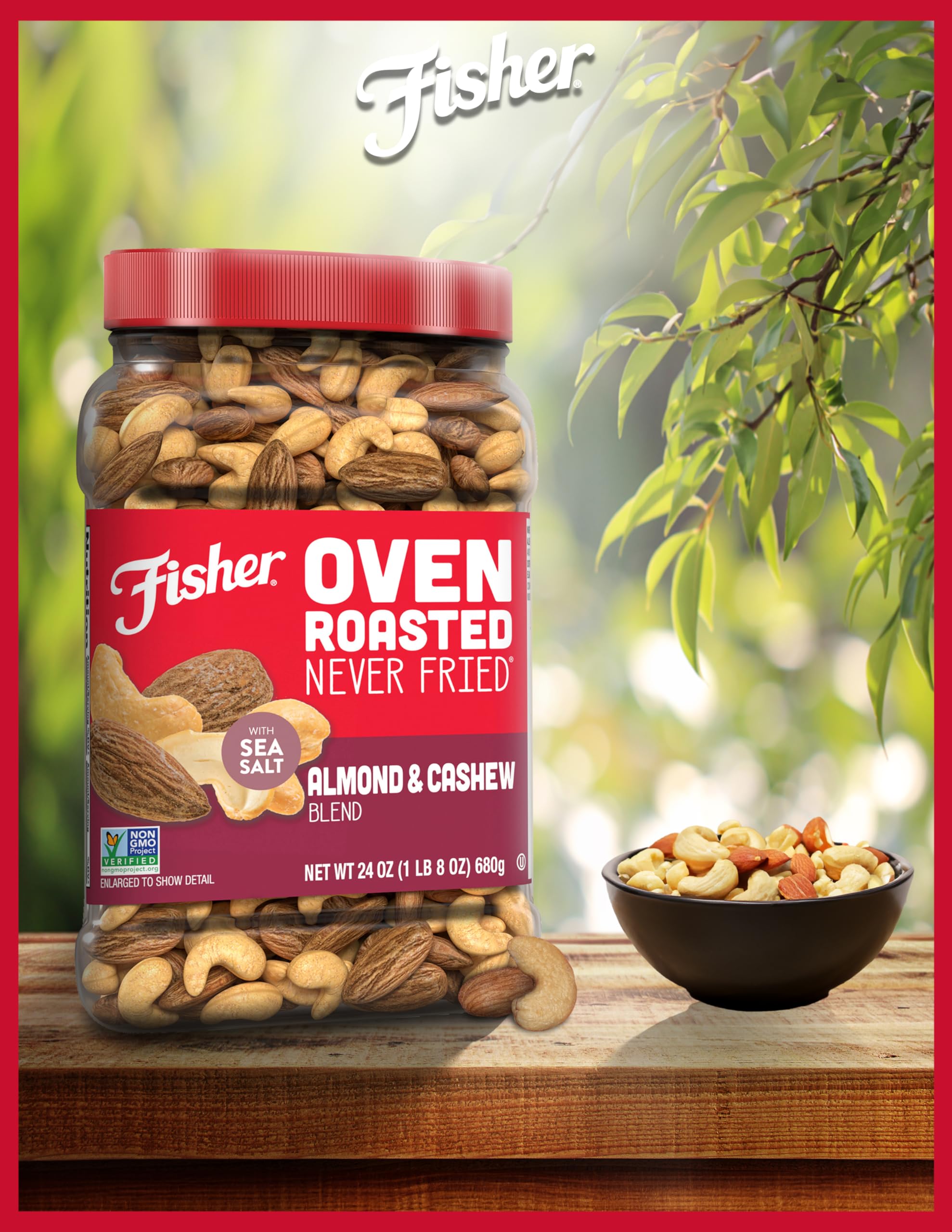Fisher almonds and cashews with no oil and no artificial ingredients.