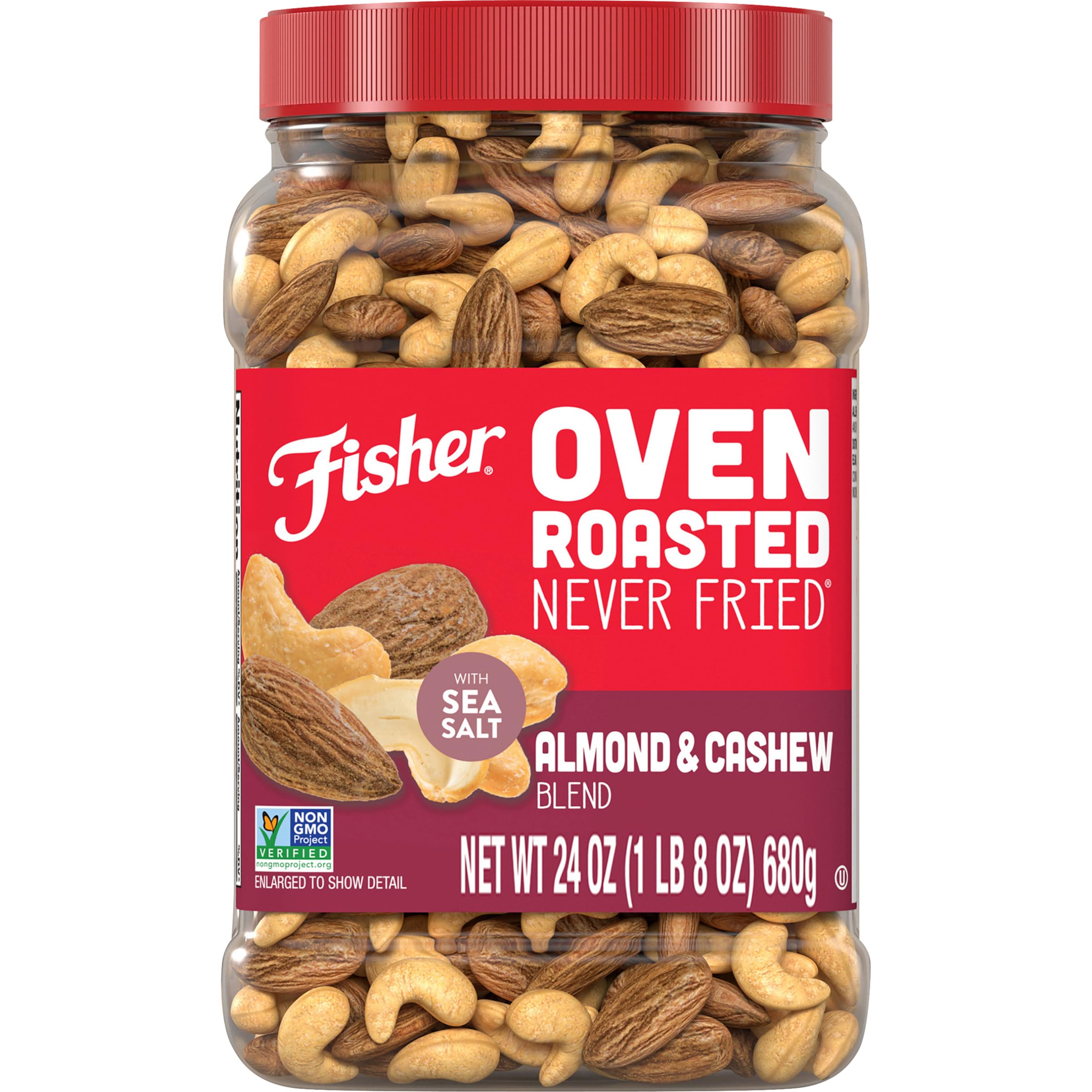 Fisher Oven Roasted Almond & Cashew Blend jar showing simple ingredients and sea salt flavor.