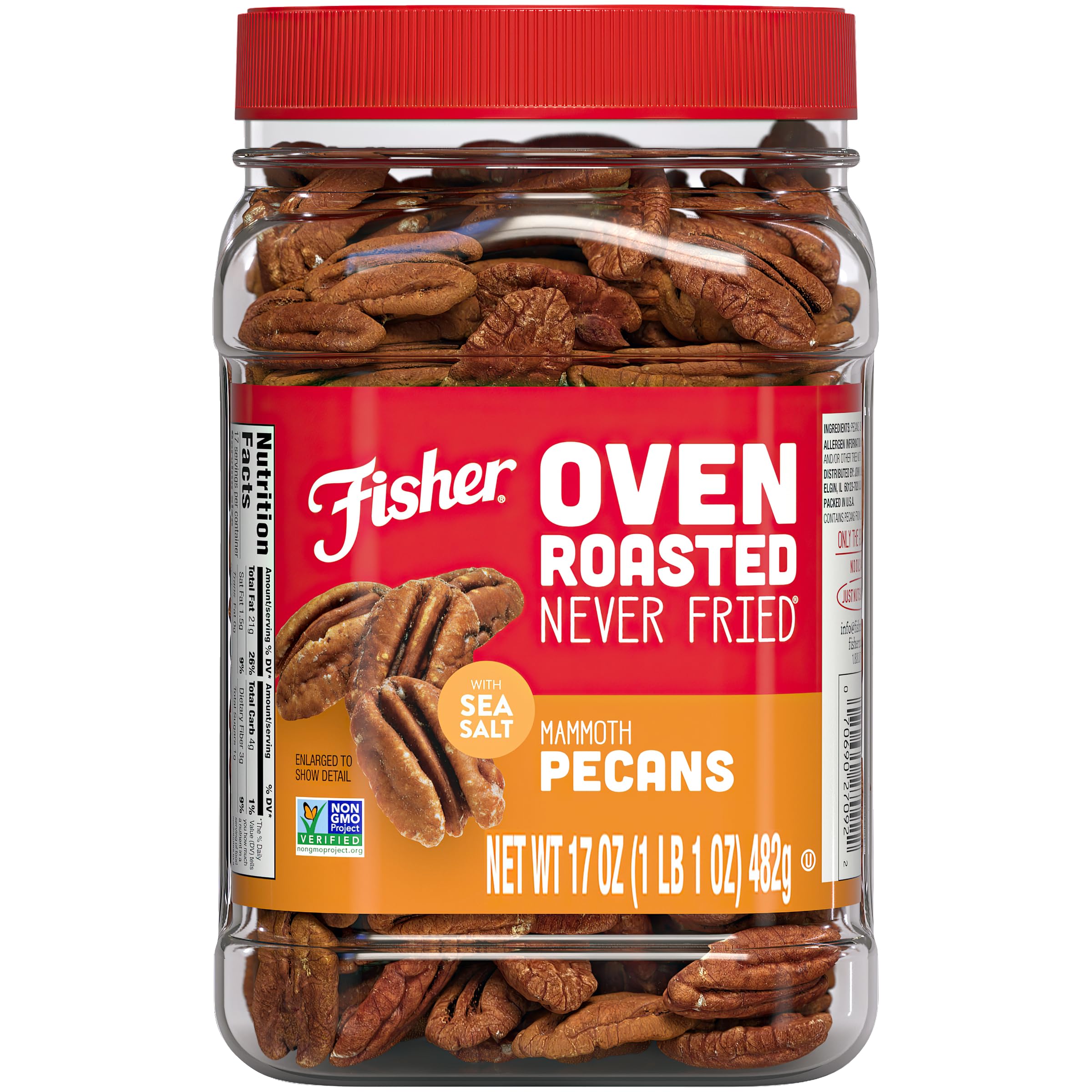 Fisher Oven Roasted Never Fried Mammoth Pecans jar for on-the-go snacking with clean ingredients.