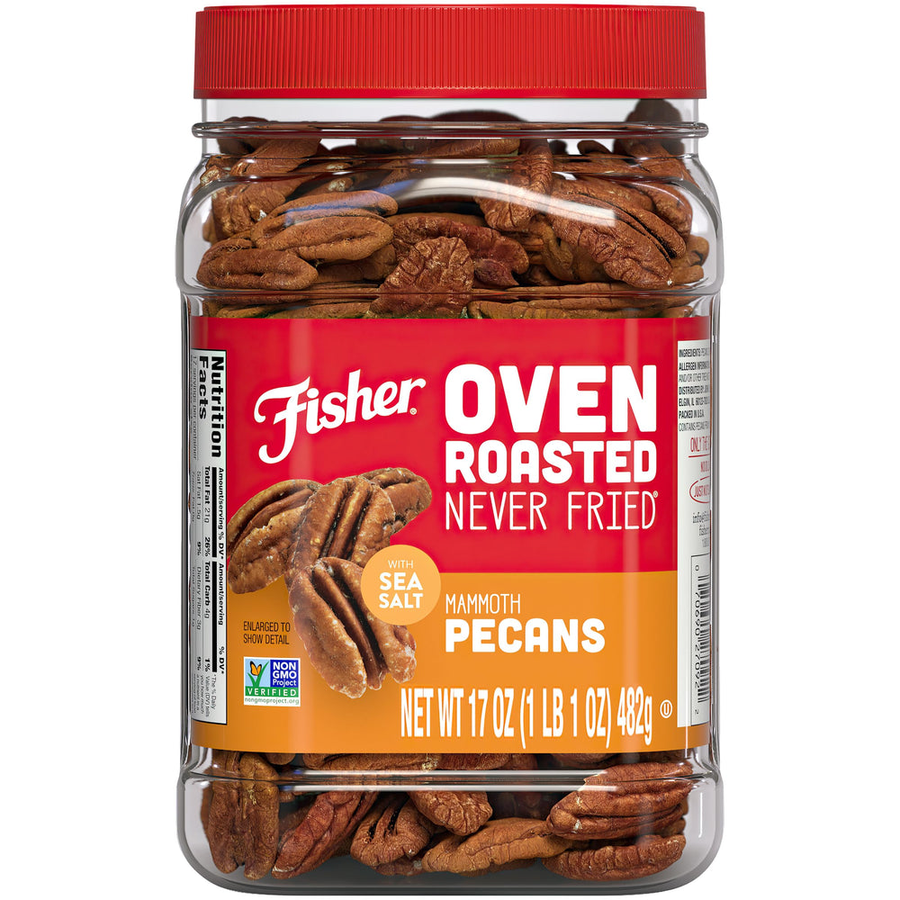 Fisher Oven Roasted Never Fried Mammoth Pecans jar for on-the-go snacking with clean ingredients.