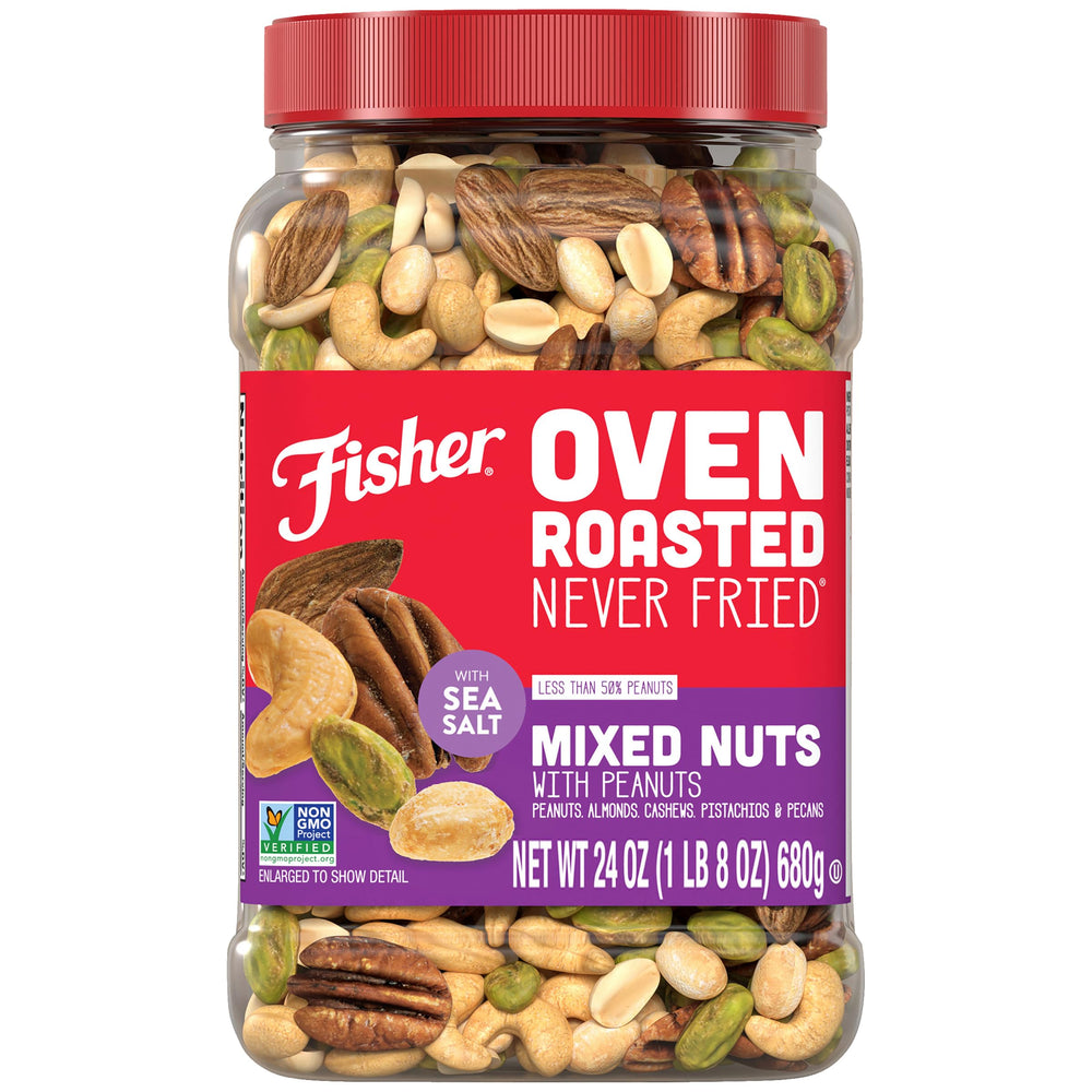 Fisher Oven Roasted Never Fried Mixed Nuts jar for on-the-go snacking.