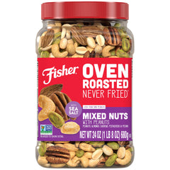 Fisher Oven Roasted Never Fried Mixed Nuts jar for on-the-go snacking.
