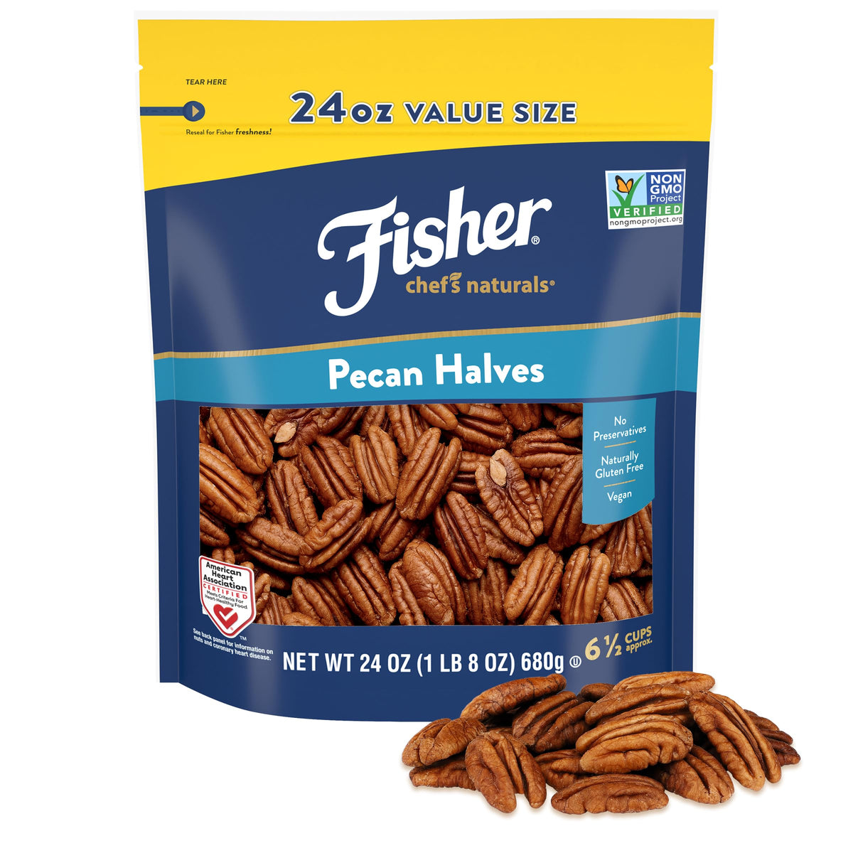 Fisher Pecans halves in resealable bag for fresh snacking and on-the-go convenience.