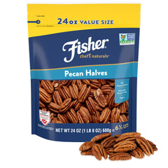 Fisher Pecans halves in resealable bag for fresh snacking and on-the-go convenience.