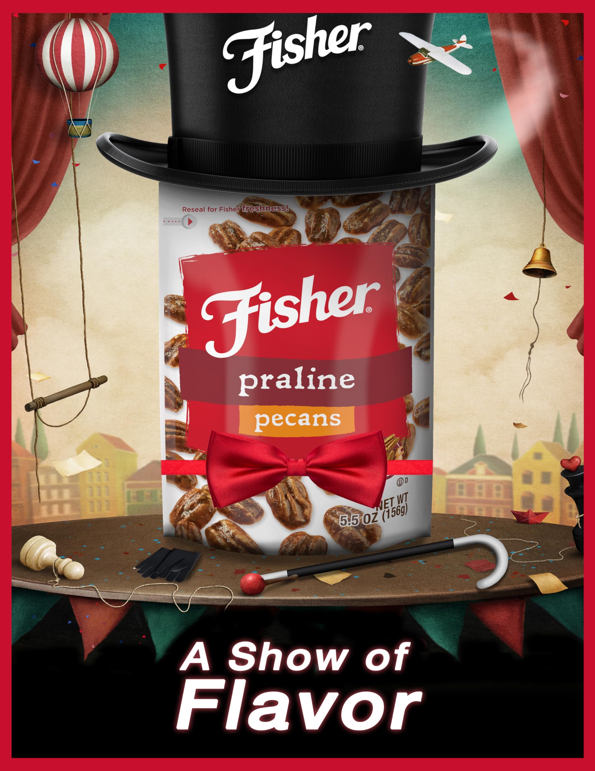 Fisher pecans in a resealable pouch stay crispy and fresh.
