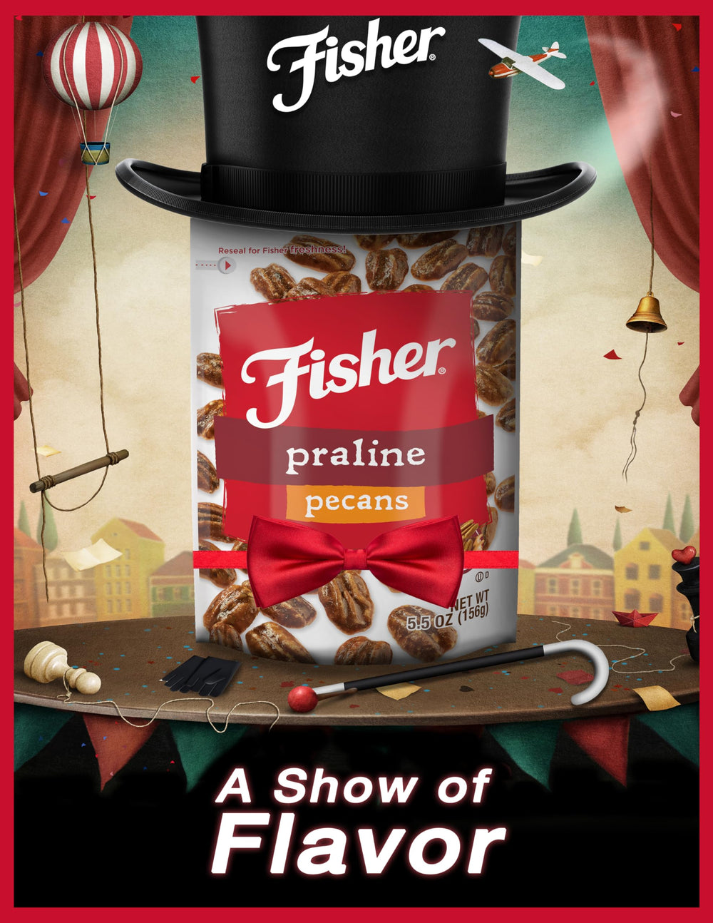 Fisher pecans in a resealable pouch stay crispy and fresh.