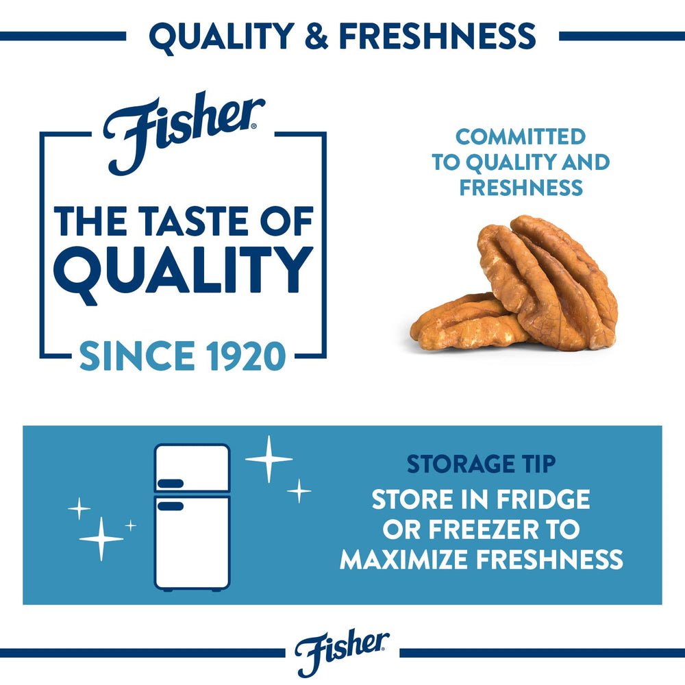 Fisher pecans snack on the go provides portable, unsalted crunch.