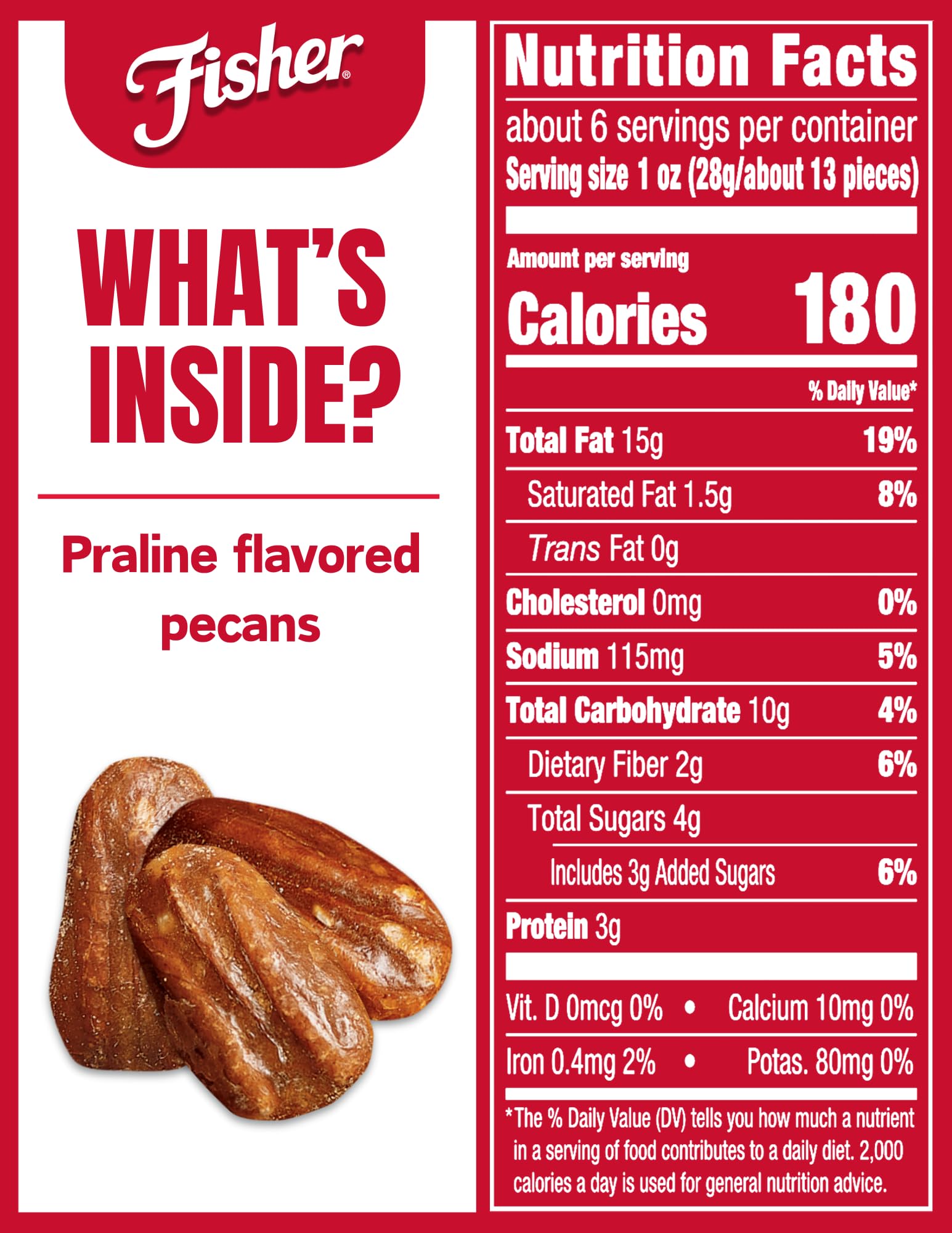 Fisher praline pecans closeup showcasing the glazed, glossy coating.