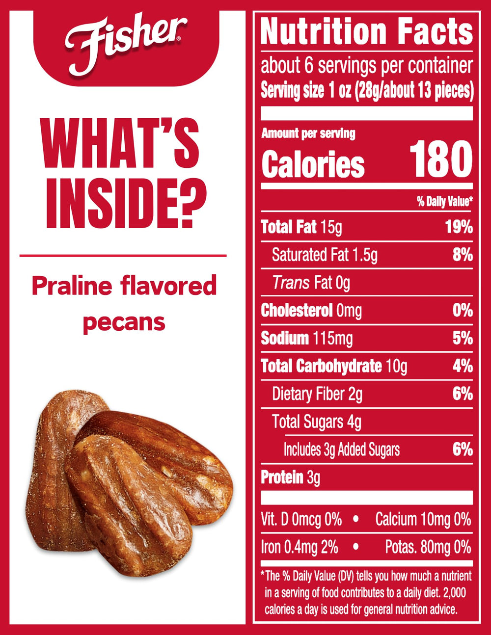 Fisher praline pecans closeup showcasing the glazed, glossy coating.
