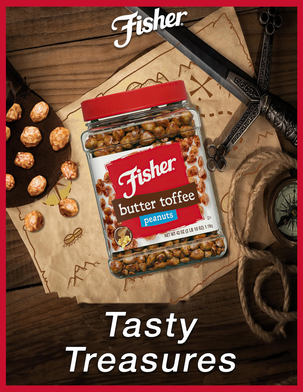 Fisher Snack Butter Toffee Peanuts close-up spoonful reveals buttery aroma and crunch.