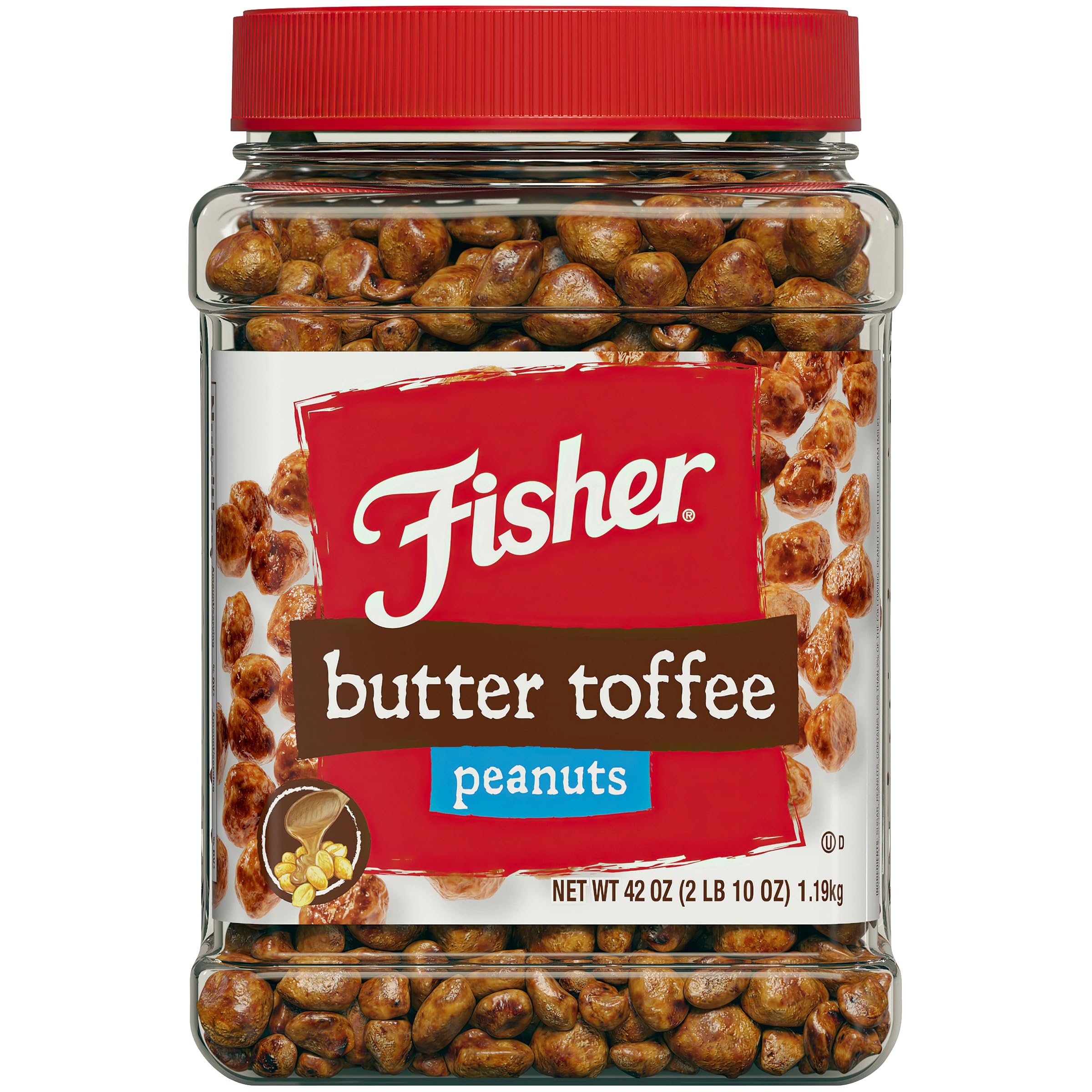 Fisher Snack Butter Toffee Peanuts jar close-up highlighting rich coating and protein-rich snack.