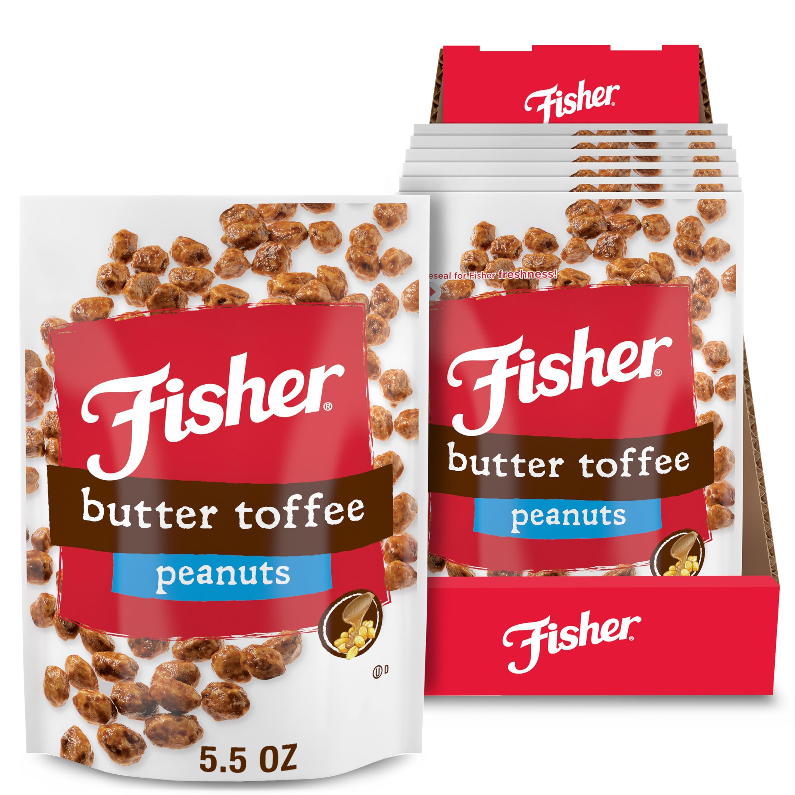 Fisher Snack Butter Toffee Peanuts pack of six resealable pouches for easy snacking