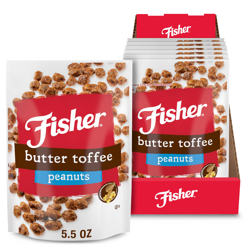 Fisher Snack Butter Toffee Peanuts pack of six resealable pouches for easy snacking