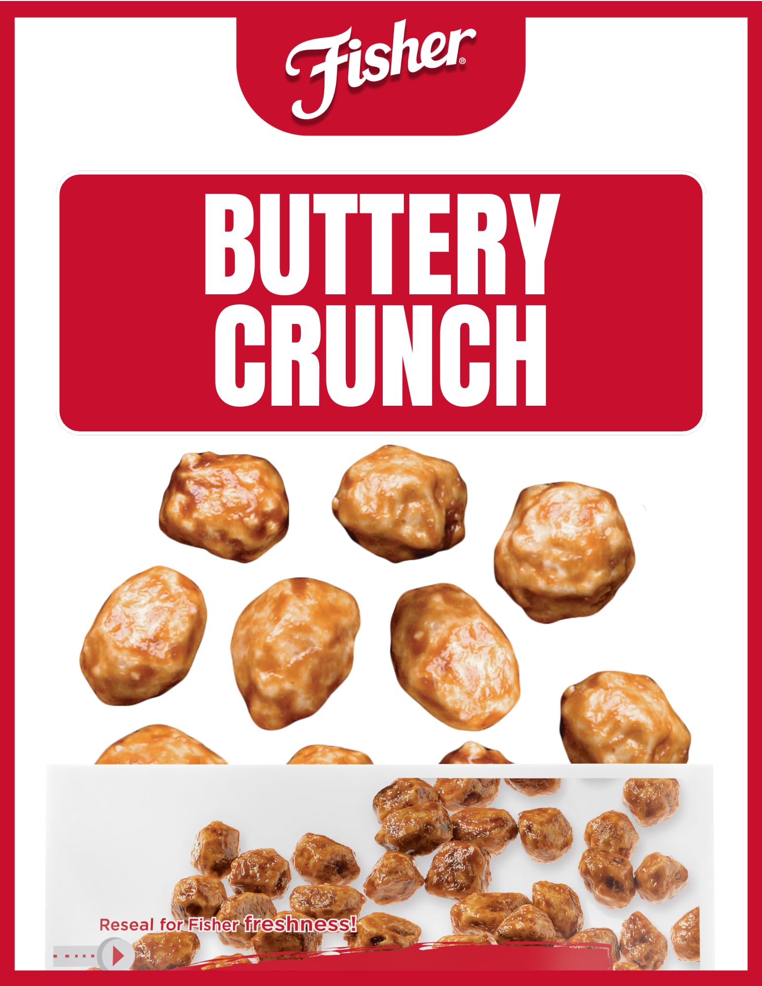 Fisher Snack Butter Toffee Peanuts resealable pouch showing freshness and convenience