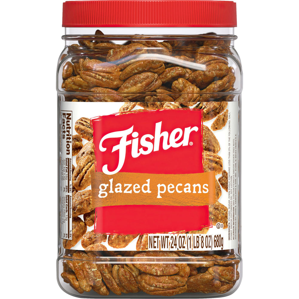 Fisher Snack Candied Pecans 24oz jar ready for snacking and sharing.