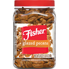 Fisher Snack Candied Pecans 24oz jar ready for snacking and sharing.