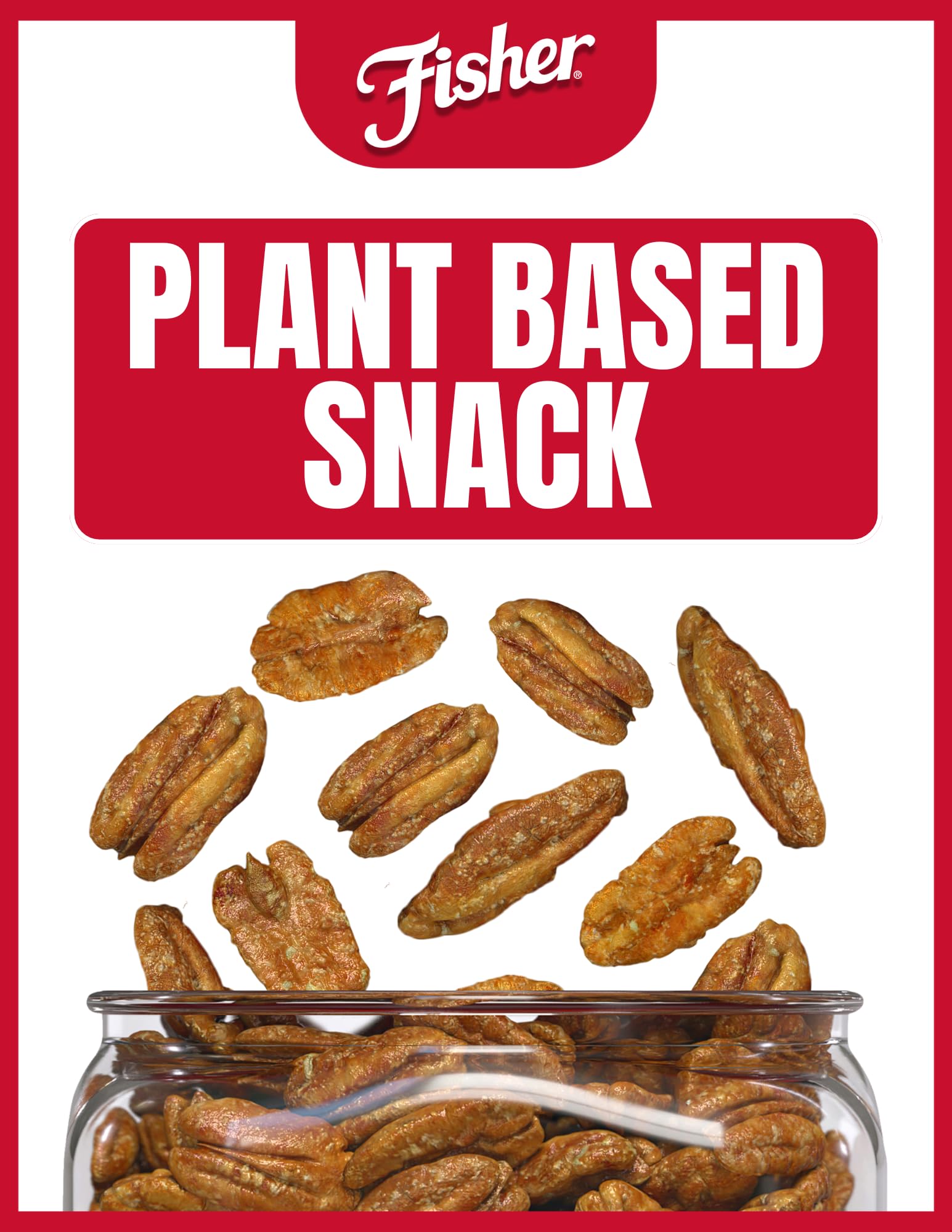 Fisher Candied Pecans recyclable container showcasing sustainable packaging.
