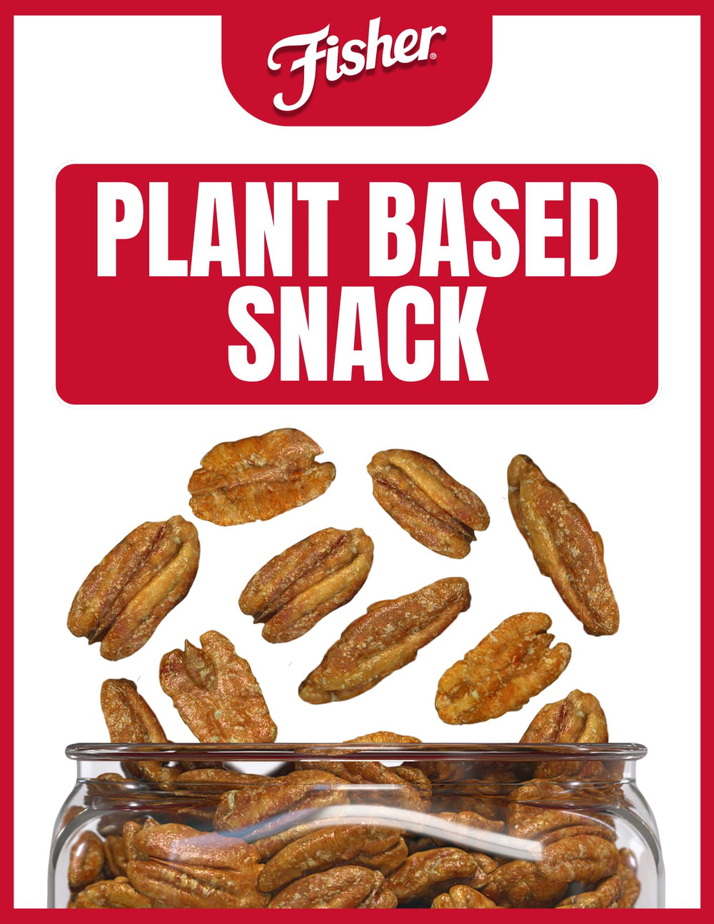 Fisher Candied Pecans recyclable container showcasing sustainable packaging.