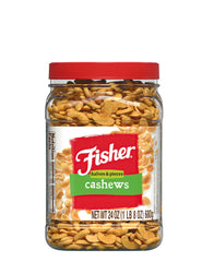 Fisher Snack Cashew Halves and Pieces jar front, pantry staple with protein boost.