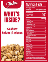 Fisher Snack Cashew Halves closeup crunch highlights satisfying texture for snacking.