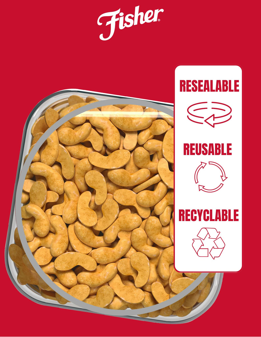 Fisher Snack Cashew Halves jar-side view shows reusable packaging and freshness.