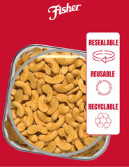 Fisher Snack Cashew Halves jar-side view shows reusable packaging and freshness.