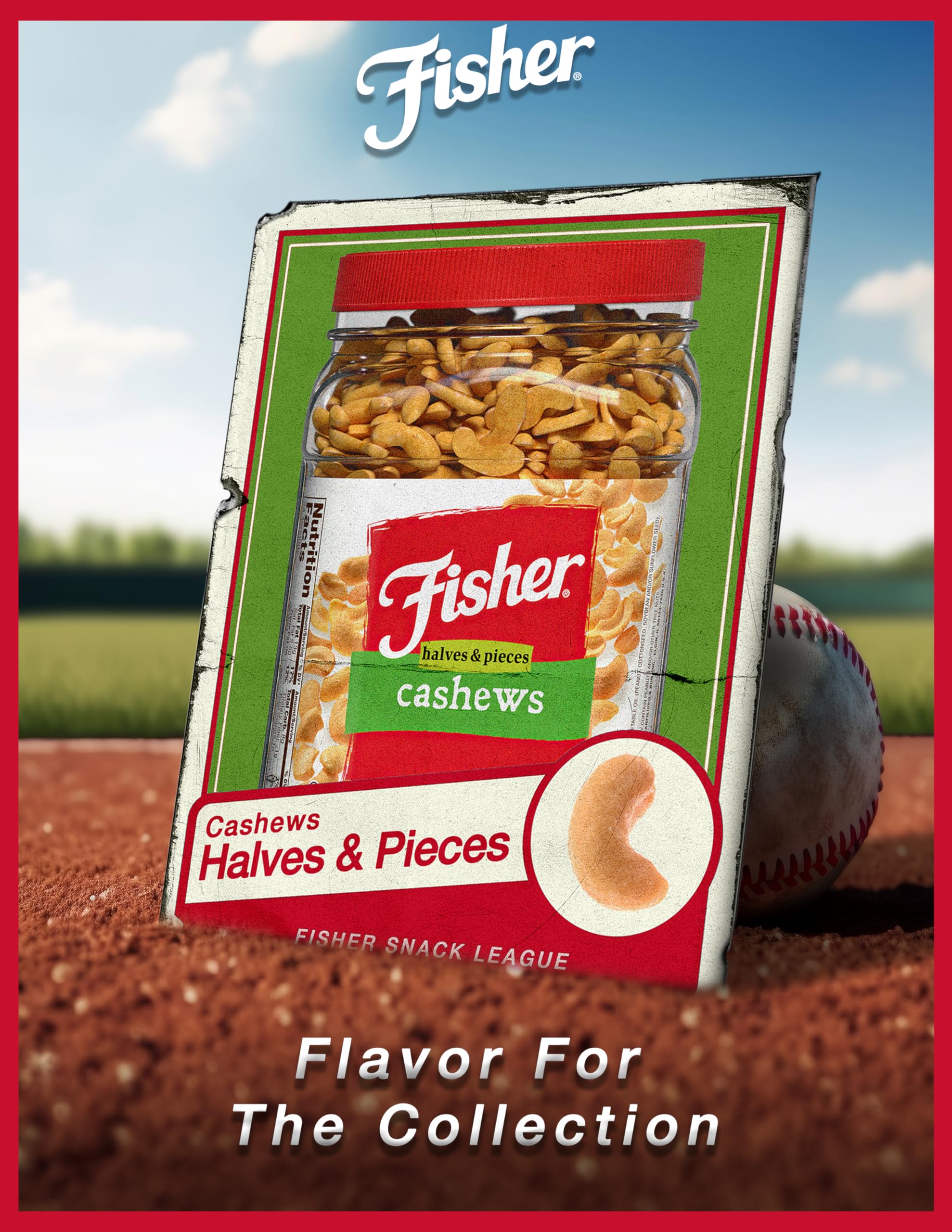 Fisher Snack Cashew Halves detail emphasizes quality nuts from trusted farmers.