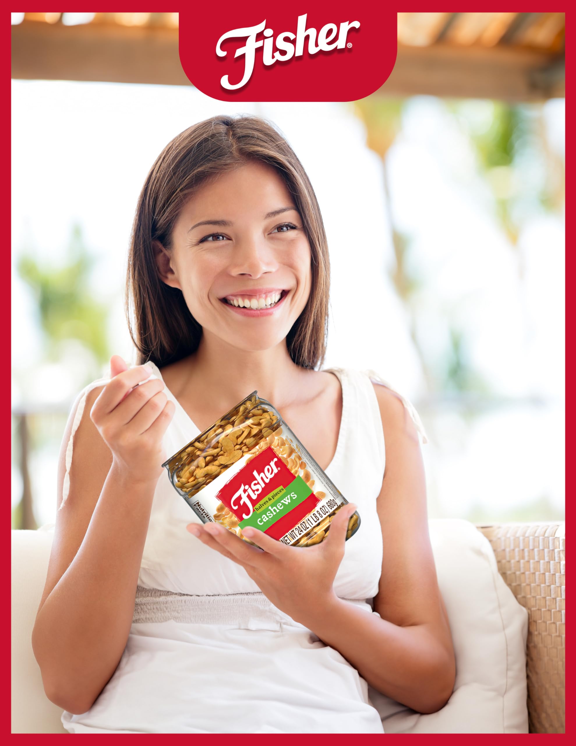 Fisher Snack Cashew Halves serving-bowl shows versatile topping option.