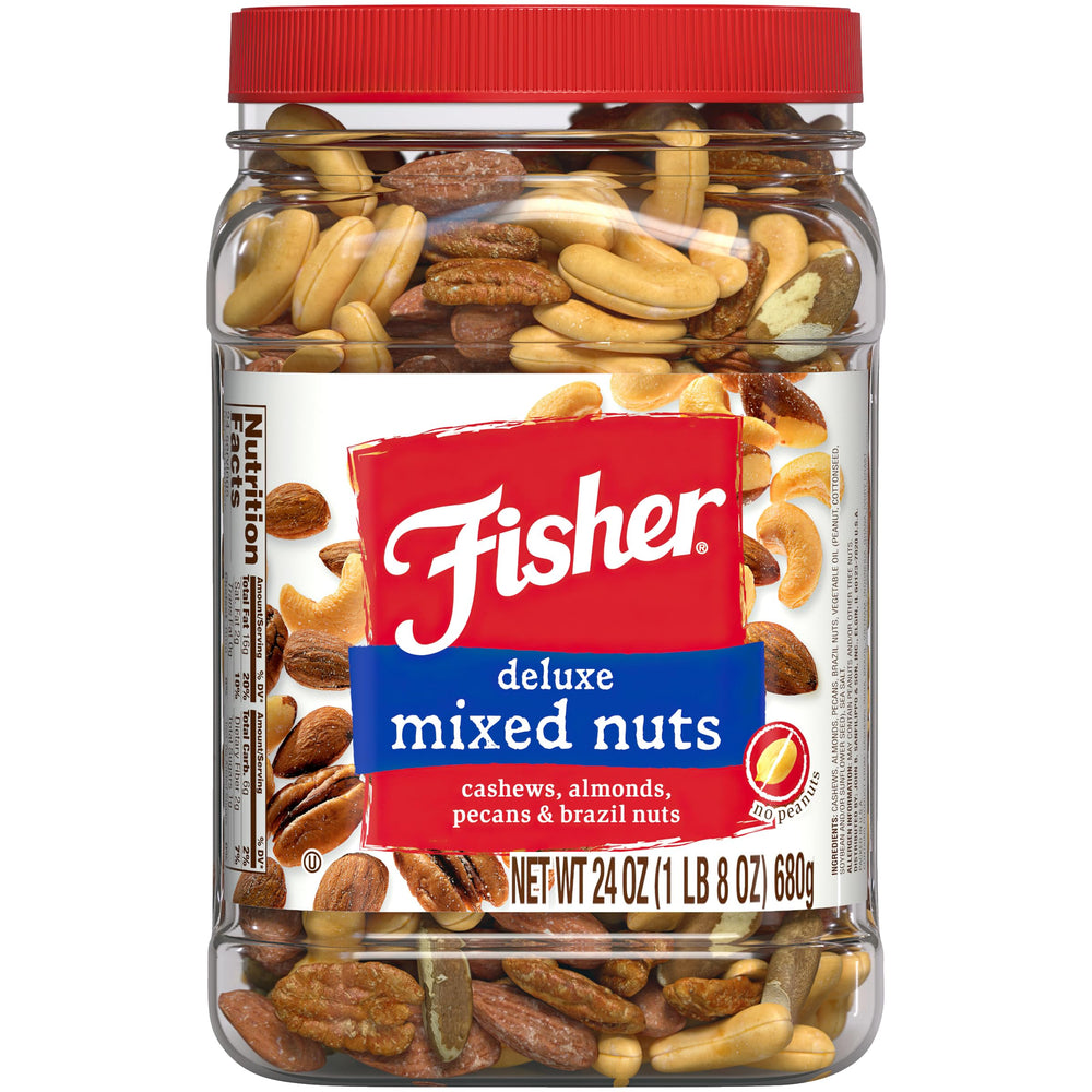 Fisher Snack Deluxe Mixed Nuts jar close-up, premium mix with no peanuts for versatile snacking.