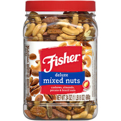Fisher Snack Deluxe Mixed Nuts jar close-up, premium mix with no peanuts for versatile snacking.