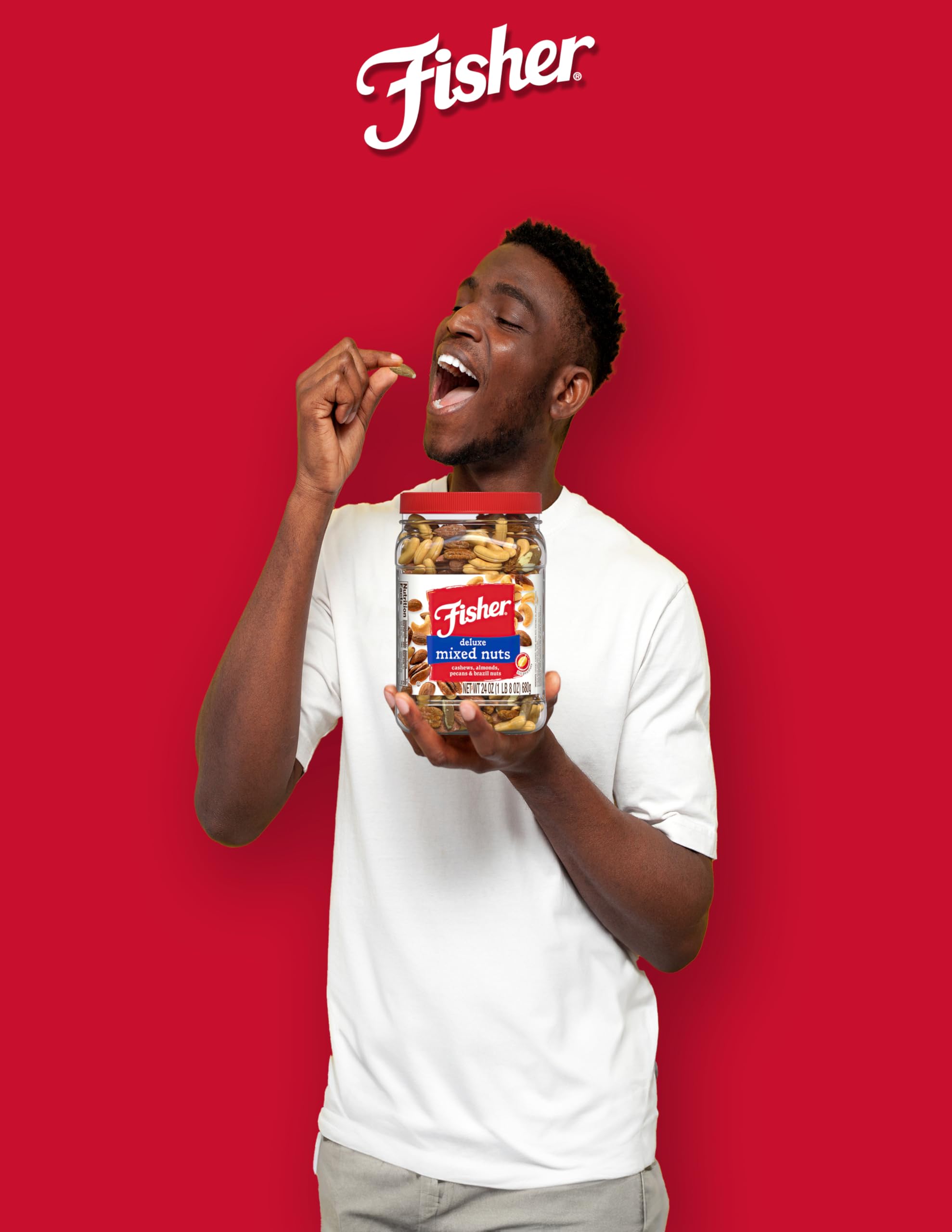 Fisher Snack Deluxe Mixed Nuts serving image, 5 g protein per serving.