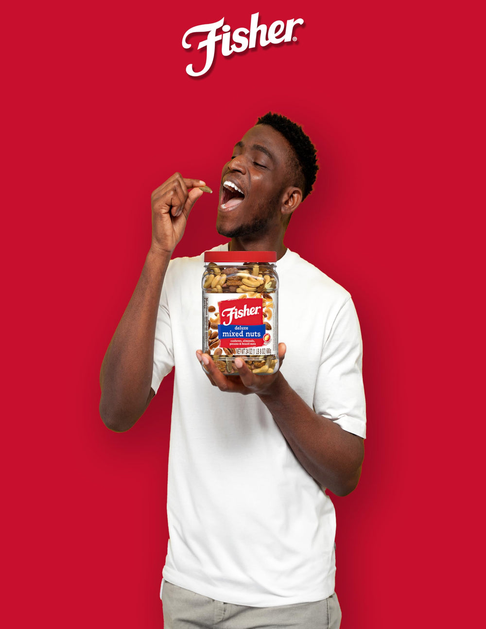 Fisher Snack Deluxe Mixed Nuts serving image, 5 g protein per serving.