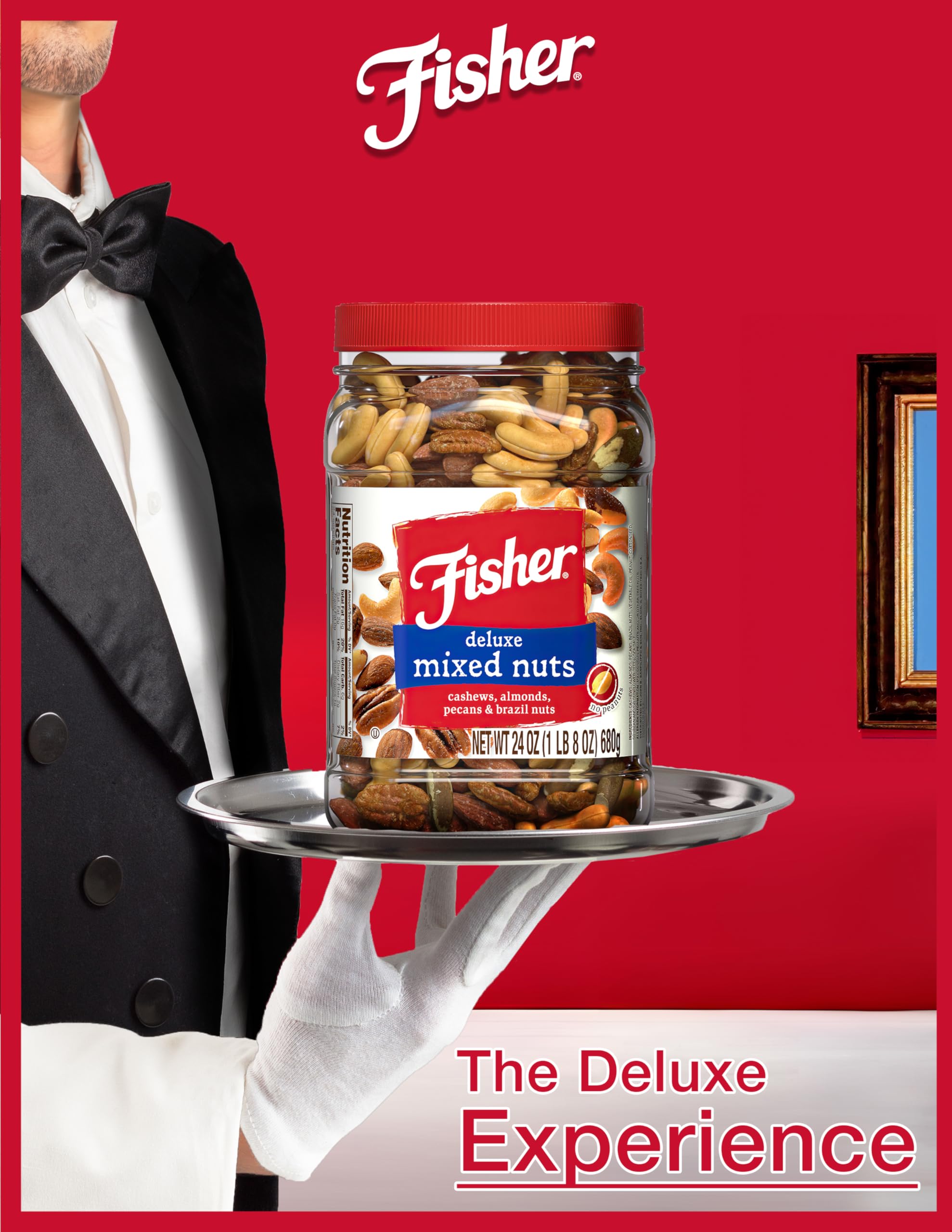 Fisher Snack Deluxe Mixed Nuts nutrition focus with selenium, copper, manganese.