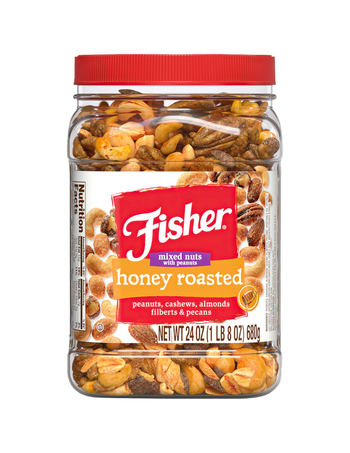 Fisher Snack Honey Roasted Mixed Nuts canister for convenient pantry snacking.