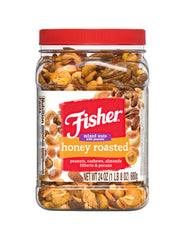 Fisher Snack Honey Roasted Mixed Nuts canister for convenient pantry snacking.