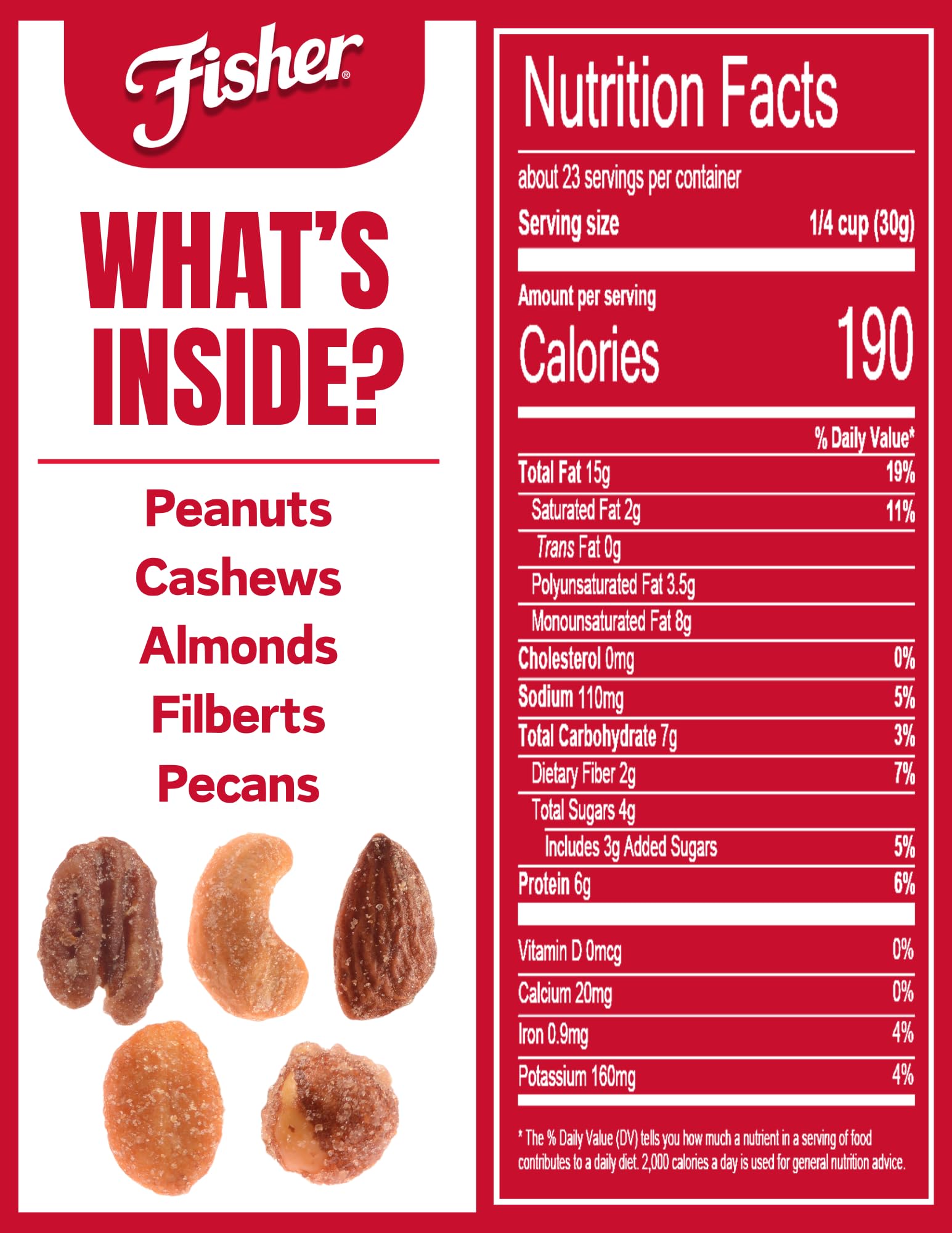 Fisher Snack Honey Roasted Mixed Nuts close-up of the nut blend for crunchy snacking.
