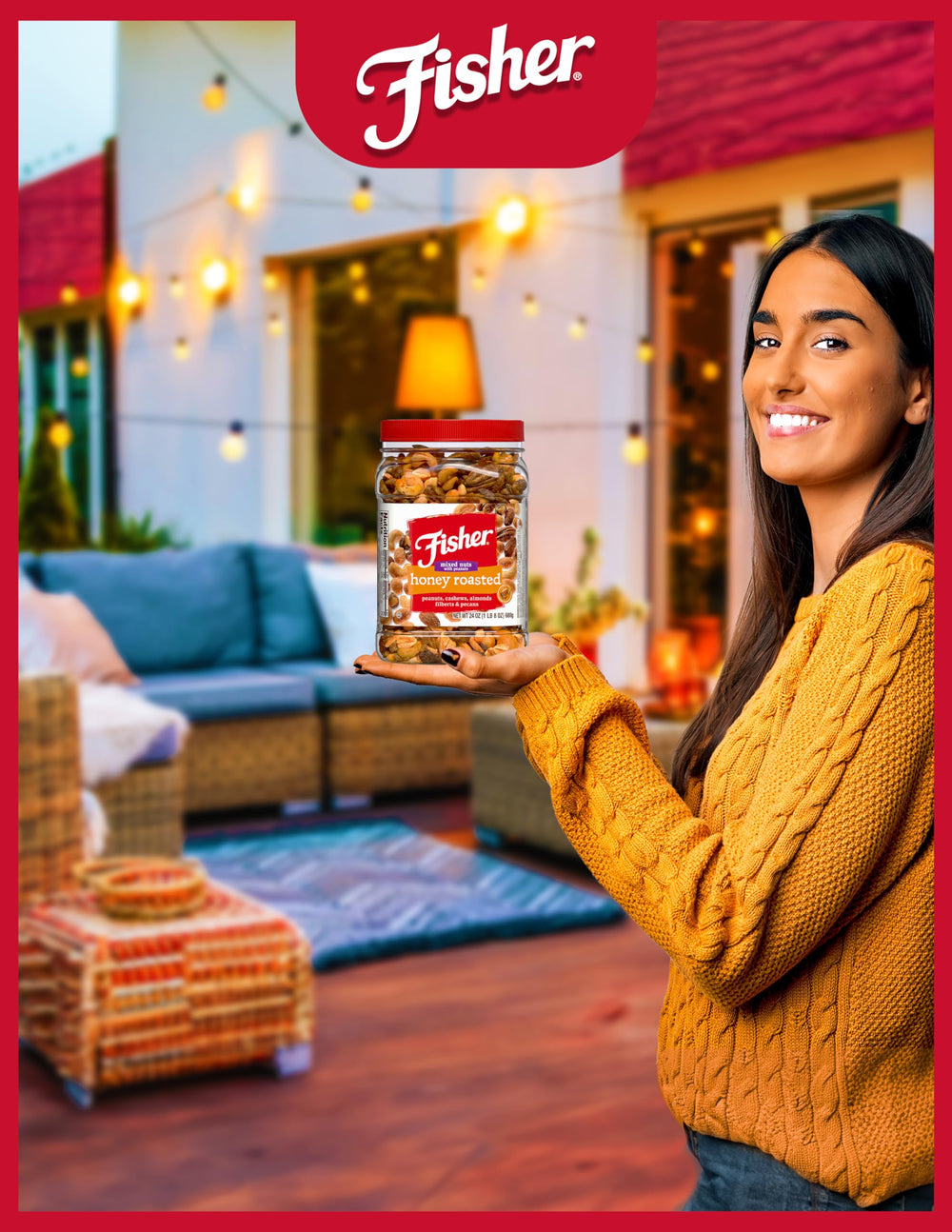 Fisher Snack Honey Roasted Mixed Nuts on kitchen shelf in reusable 24 oz jar.