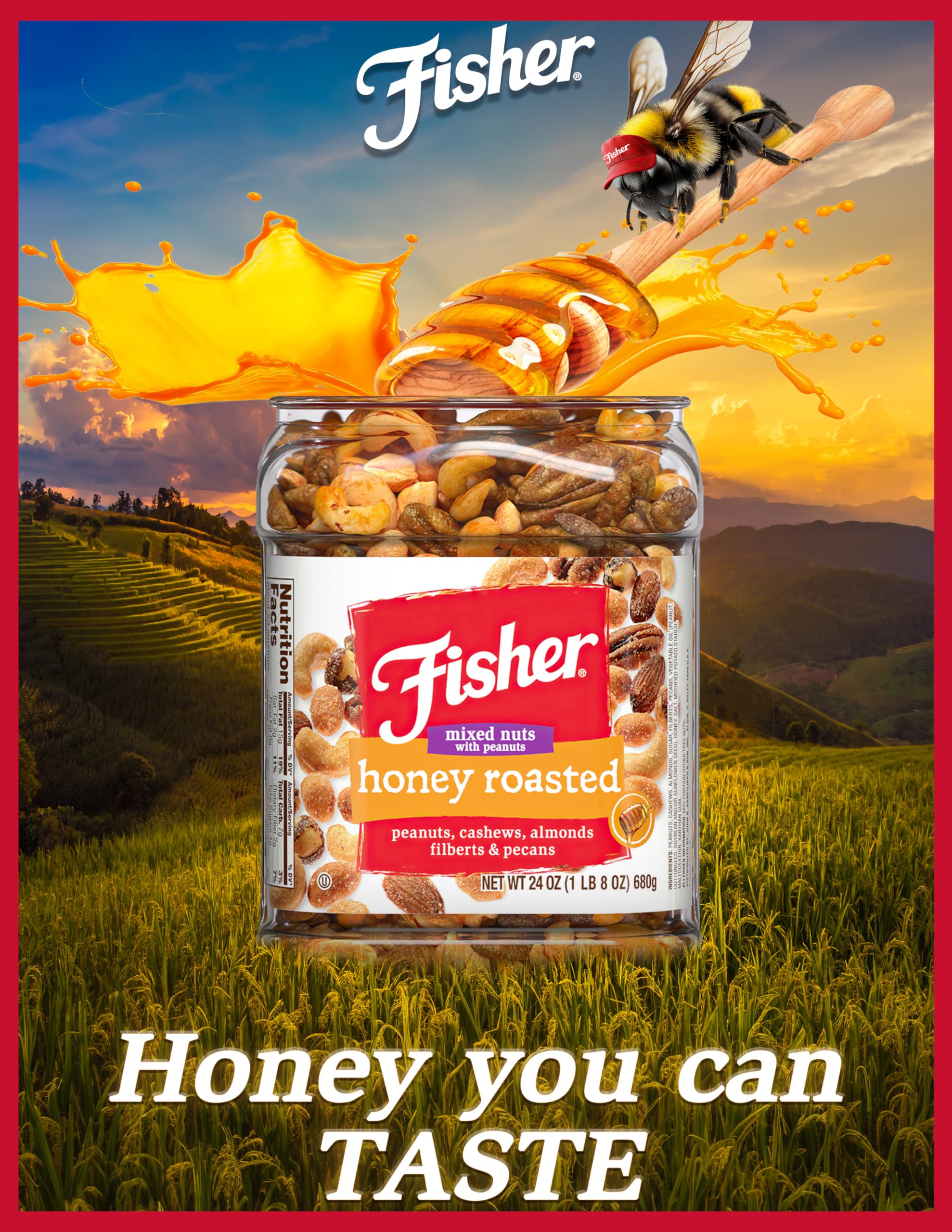 Fisher Snack Honey Roasted Mixed Nuts serving with 6 g protein per serving.