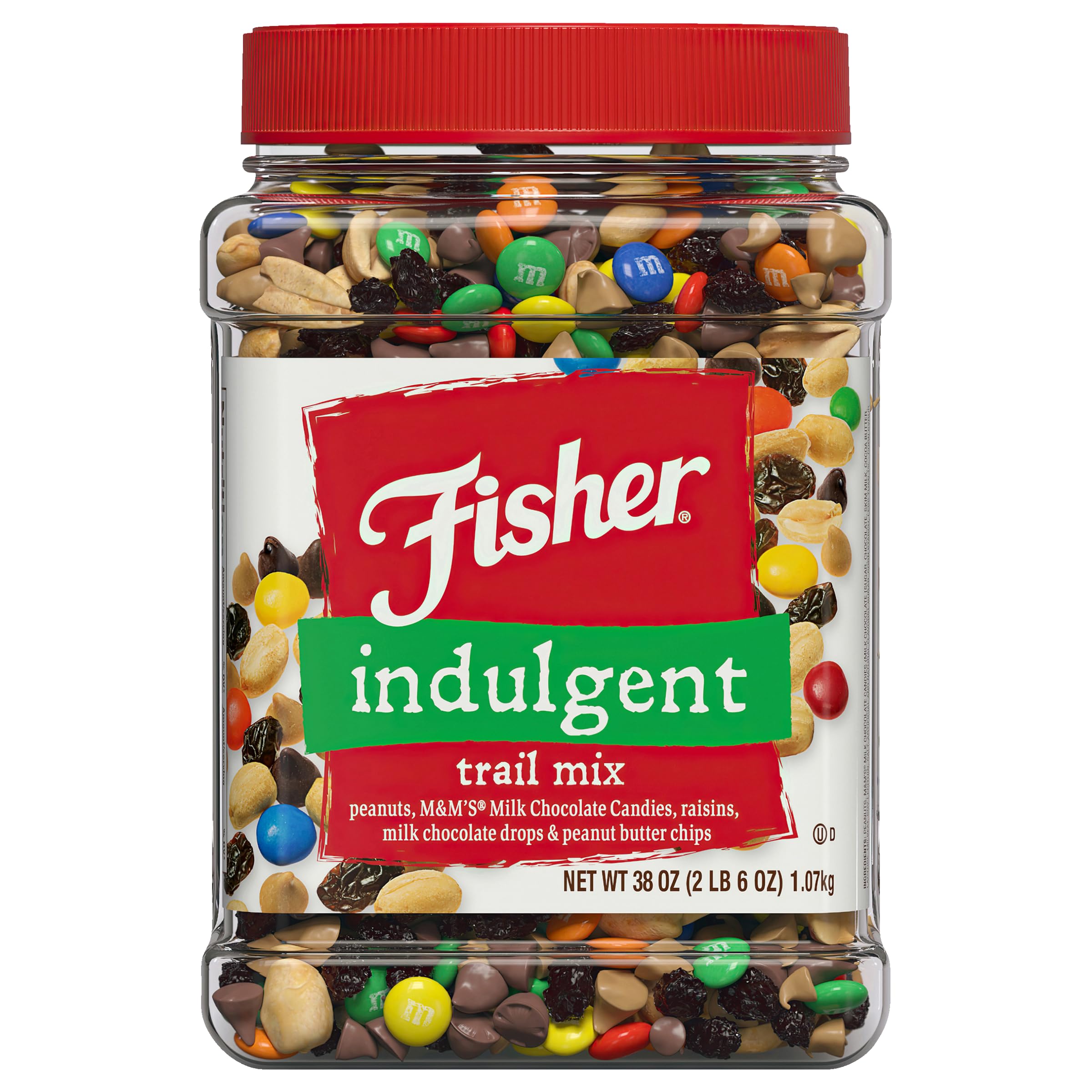 Fisher Snack Indulgent Trail Mix full canister—ideal pantry staple for busy days.