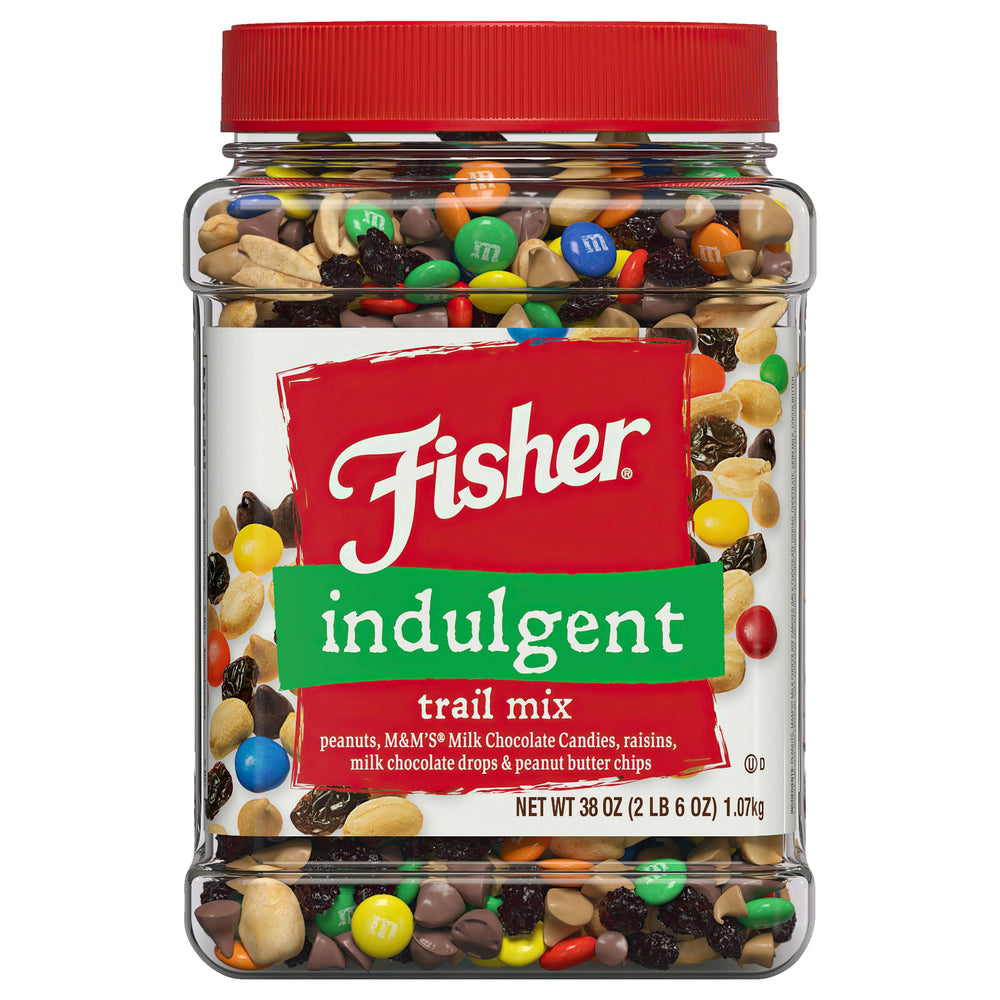 Fisher Snack Indulgent Trail Mix full canister—ideal pantry staple for busy days.