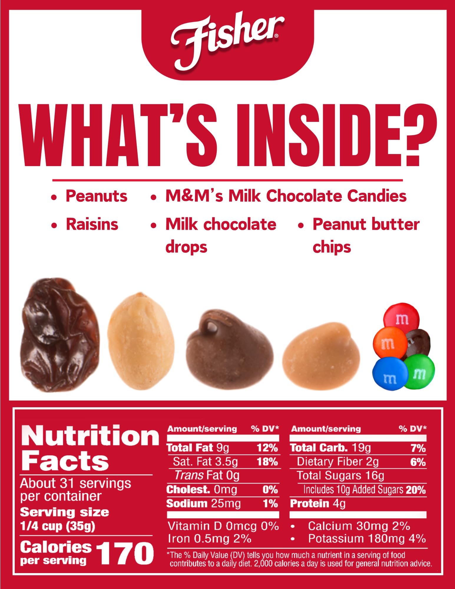 Close-up of peanuts and milk chocolate—crunchy, flavorful bites from Fisher Trail Mix.
