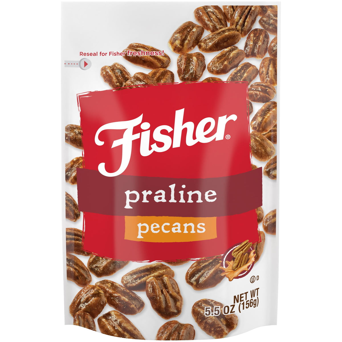 Fisher Snack Praline Pecans in a resealable pouch for fresh snacking.