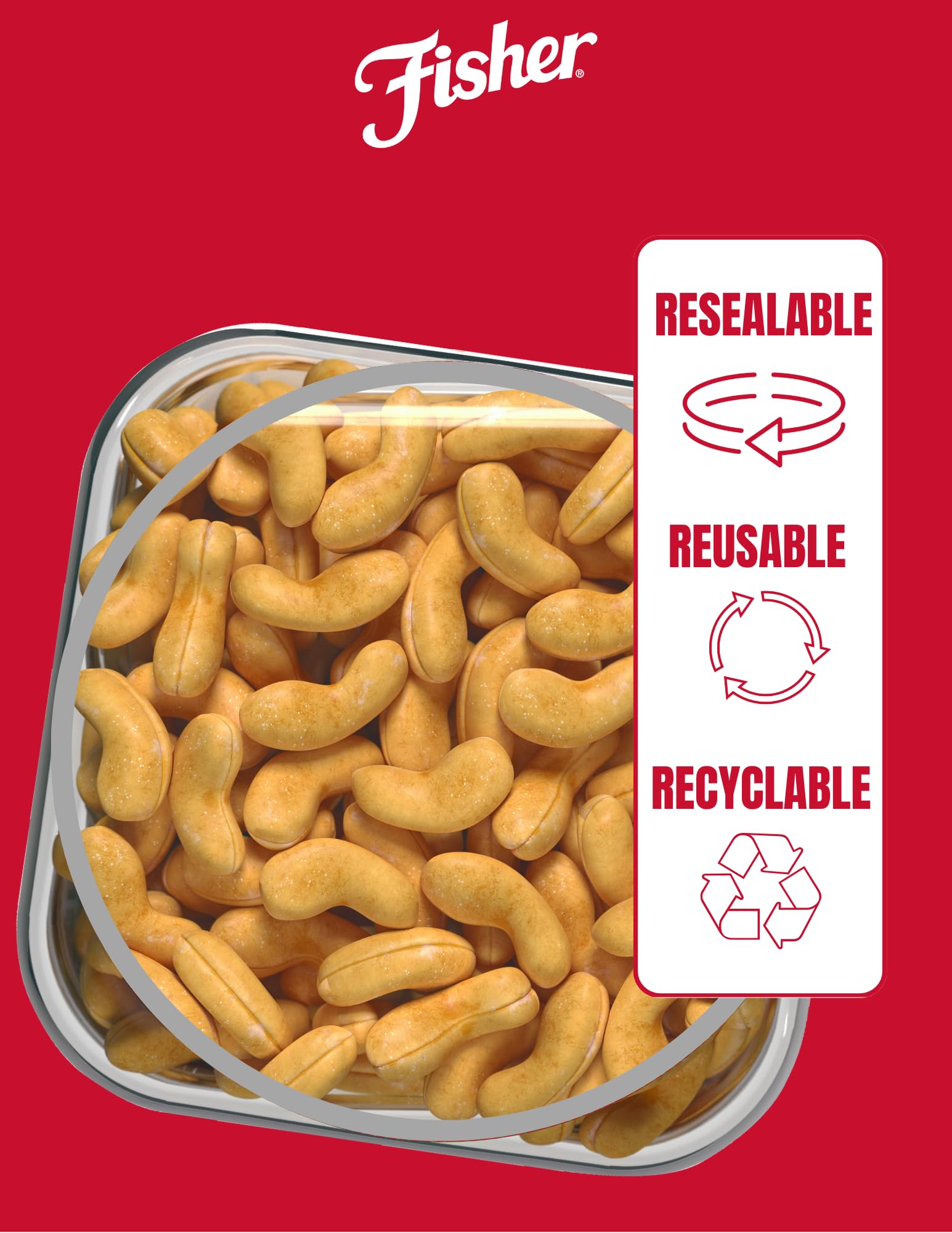 Fisher cashews displayed in pantry jar, ready for on-the-go snacking.