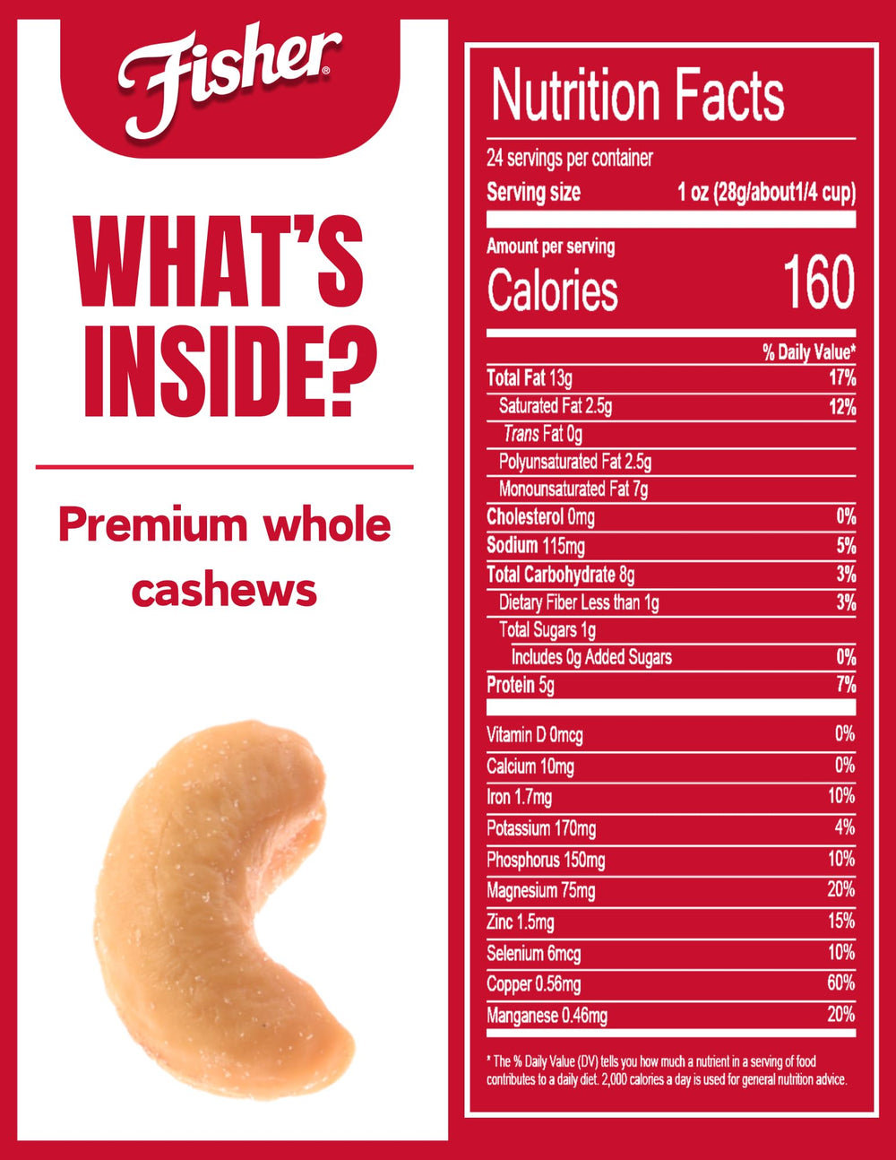 Fisher Snack Premium Whole Cashews, roasted with sea salt, offering savory crunch.