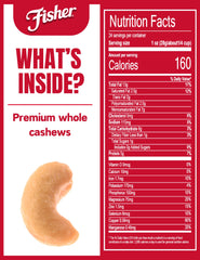 Fisher Snack Premium Whole Cashews, roasted with sea salt, offering savory crunch.