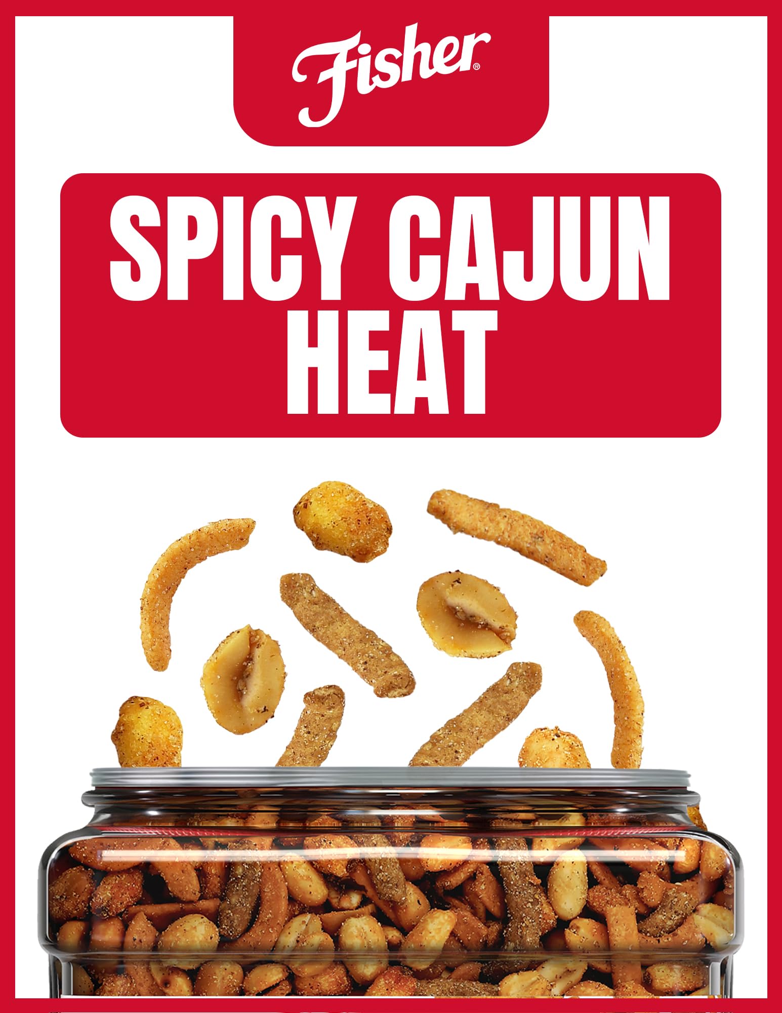 Close-up of Fisher Snack Spicy Cajun Trail Mix showing peanuts and corn nuggets