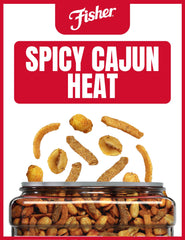 Close-up of Fisher Snack Spicy Cajun Trail Mix showing peanuts and corn nuggets