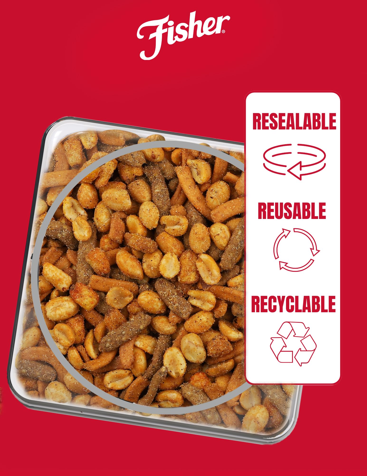 Ingredients of Fisher Snack Spicy Cajun Trail Mix with sesame and corn sticks
