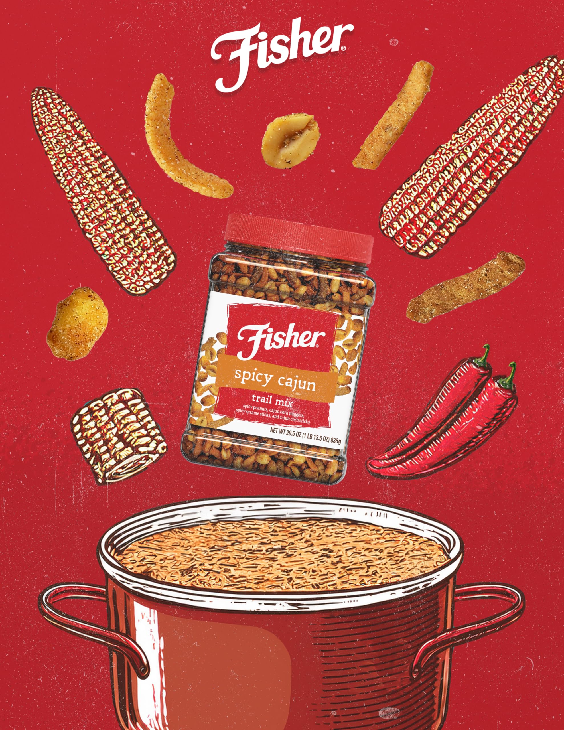 Jar label of Fisher Spicy Cajun Trail Mix highlighting freshness