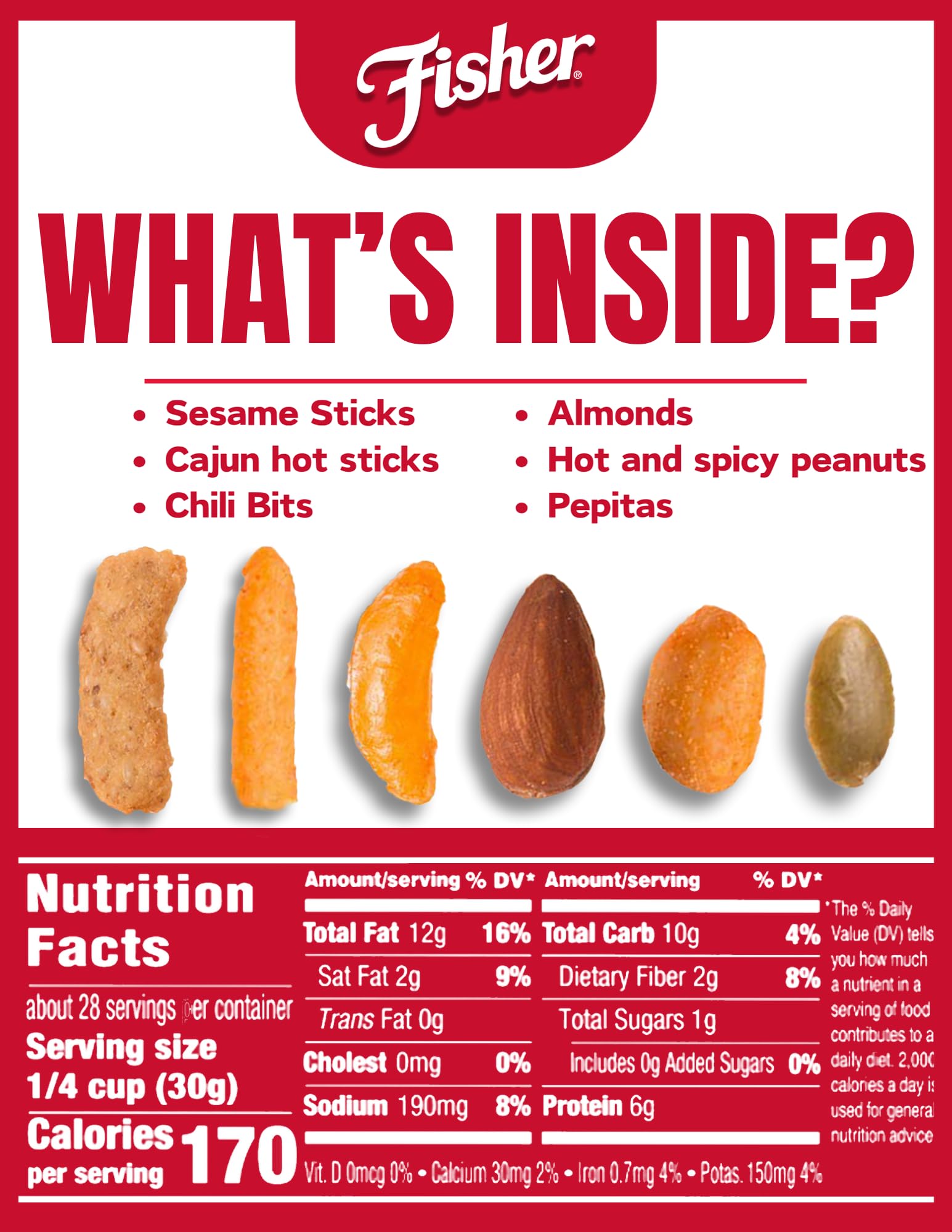 Fisher Snack Tex Mex Trail Mix close-up ingredients highlight peanuts and pepitas